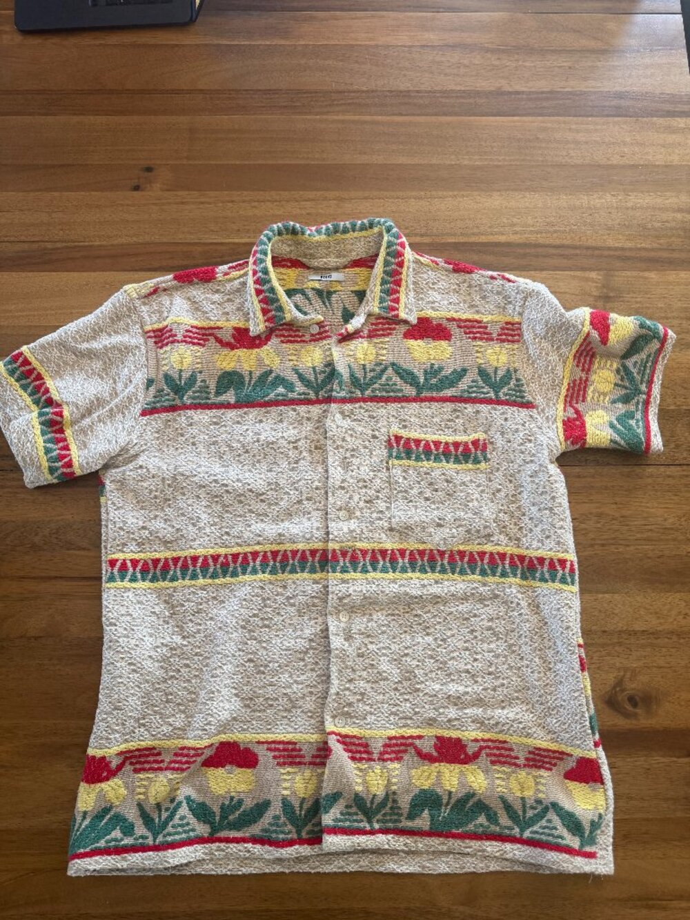 Bode Floral Jacquard Short Sleeve Shirt — M/L — Cream Multicolor — Like New